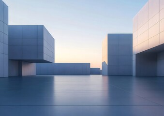 青い空と立方体構造が特徴のモダン建築デザイン シンプルな幾何学模様と光と影による洗練された都市景観