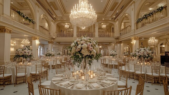 A grand hotel wedding venue with luxurious decor, elegant floral arrangements, and a beautifully set reception hall.