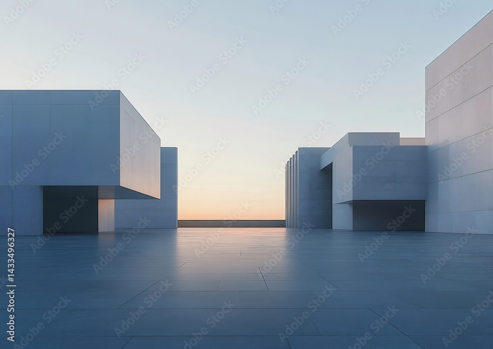 Aufkleber 水平線に沈む夕日の下 幾何学的な建築物の屋外シーン グレーのセメント構造が静寂と穏やかさを演出