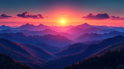 Fototapeta premium Sunset Over Mountain Range with Pink Sky, Silhouetted Ridges and Layered Peaks