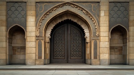 A grand mosque door with intricate geometric patterns carved into dark wood, framed by elegant arches.