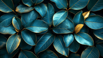 Teal Leaves with Golden Veins Abstract Foliage Pattern Nature Background
