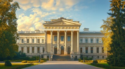 Obraz premium A grand Neoclassical government building with massive marble columns, intricate pediments, and an imposing facade