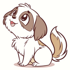 Cute Cartoon Dog Sitting Isolated, with Happy Expression, White and Brown, Upward Gaze