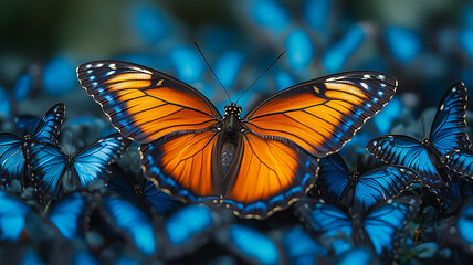 Fototapeta premium Vibrant Orange Monarch Butterfly Surrounded by Blue Morpho Butterflies Cluster