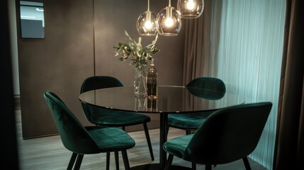 A modern dining room with table chairs and lighting