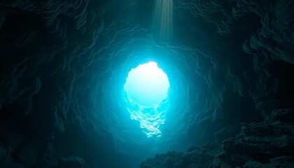 Deep azure sinkhole, sunlit cavern entrance, underwater mystery, cavern, geography