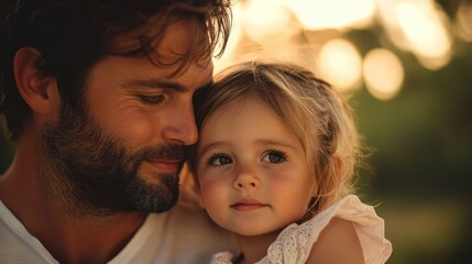 Father tenderly embraces daughter, sharing warmth, happiness, strong familial connection, profound affection.