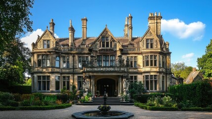 Fototapeta premium grand Victorian mansion in England with intricate stone carvings, towering chimneys, and an elegant entrance.