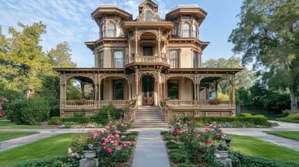 Fototapeta premium A grand Victorian-style home with elegant balconies, intricate detailing, and a beautifully maintained rose garden.
