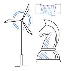 Wind turbine spinning, chess knight symbolizing strategy, factory cogwheels for production. Ideal for strategy, energy, industry, innovation, problem-solving, teamwork efficiency flat simple