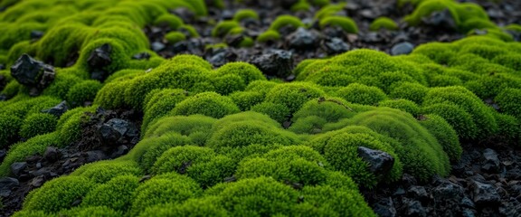 Deep green moss carpet spreads across rich, damp mud, textured surface, organic, mud