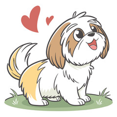 Happy Shih Tzu Puppy Cartoon with Hearts Sitting on Green Grass with White Background