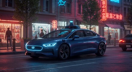 Naklejka premium Autonomous Car in City Street at Night