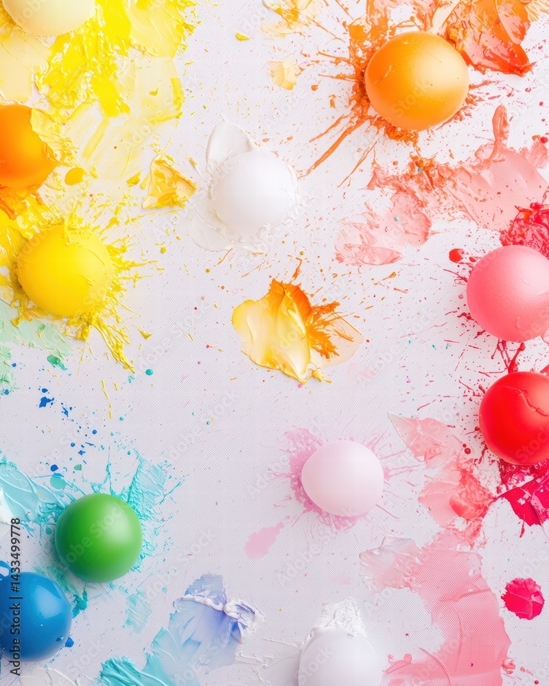 Poster a splattered array of paint in various colors on a clean white surface creating a dynamic scene