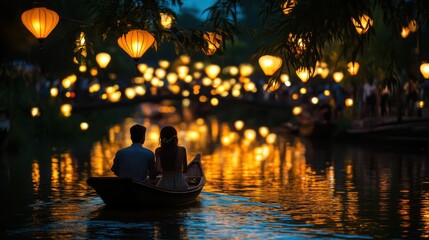 Asian couple boating, enjoying lanterns, experiencing warm glow, sharing intimacy, celebrating romance under night sky.