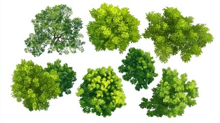 Fototapeta premium Aerial view of various lush green treetops, isolated on white, for landscape design