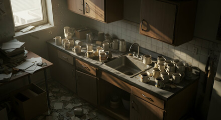 Abandoned kitchen messy dishes dirty dishes piled up sink unwashed dishes mess old house kitchen dirt grime grungy