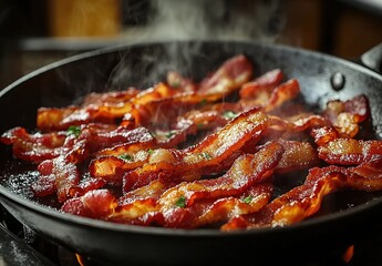 Fototapeta premium A frying pan with several pieces of bacon being cooked, bacon surface golden and crispy, garnished with rosemary, background with a blurred kitchen setting, full of appetizing atmosphere.