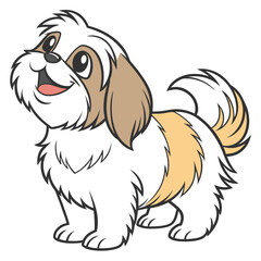 Cartoon Shih Tzu Puppy with Fluffy White and Tan Fur Standing on a White Background