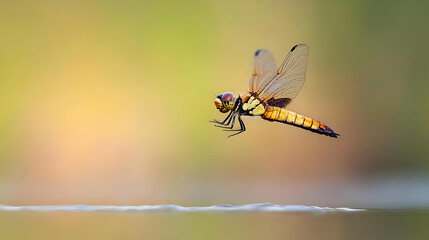 Colorful Dragonfly In Flight Over Water