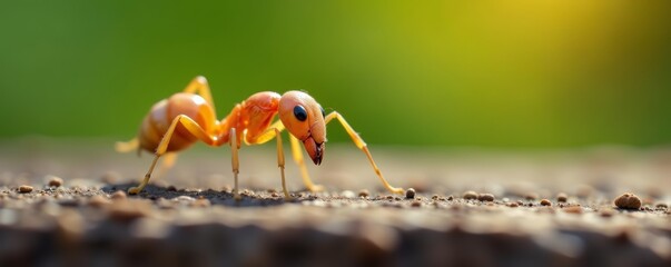 Macro photo of white ant worker on wooden surface, pest control, close up, infestation