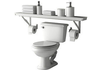 Elegant white toilet with overhead shelf fresh towels and dispensers minimalist design isolated on black on transparent background