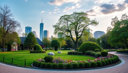 Naklejka premium City park at sunrise. Lush gardens, manicured lawns, and skyscrapers in the background