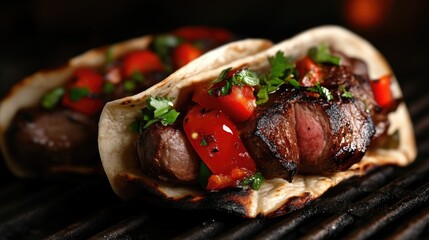 Grilled beef tacos with salsa.  Freshly grilled beef tacos, topped with vibrant salsa and fresh cilantro.  Served on warm tortillas.  Perfect for a quick and delicious meal
