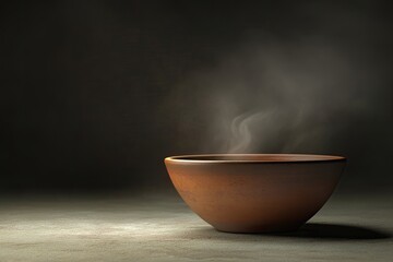 A rustic bowl of steaming liquid  A warm, earthy-toned bowl, emitting light vapor, sits on a muted surface