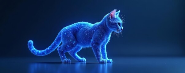 Minimalistic blue feline figure made from light particles, shape, AI, sculpture