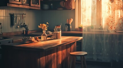 Sunlight illuminates a cozy kitchen scene with rustic wooden surfaces