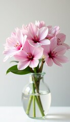Delicate pink blossoms with white petals displayed in glass vase against white backdrop, blossoms, glass vase