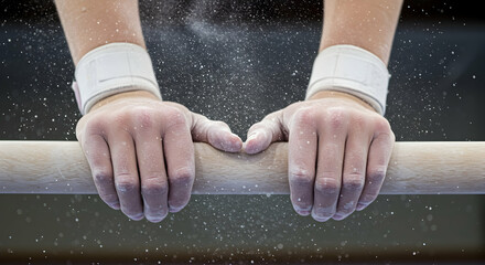 Close up of gymnast hands gripping uneven bars chalked hands strength determination competition balance training practice sports fitness athlete workout active lifestyle