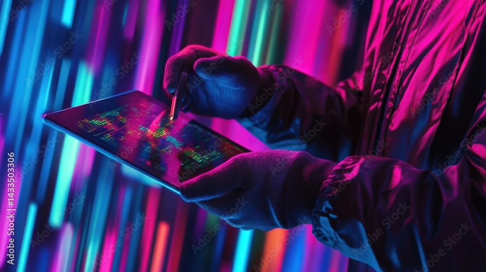 Poster a hacker holding a digital tablet, their gloved fingers bypassing the security lock while neon-color