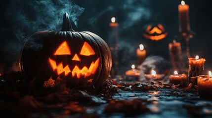 Fototapeta premium A Halloween frame with spooky pumpkins, glowing candles, and eerie ghostly fog