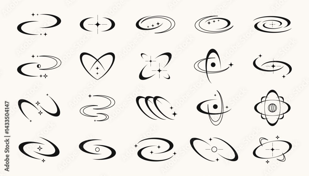 Poster retro y2k symbols and shapes, futuristic abstract frames and symbols with blinking stars. vector des