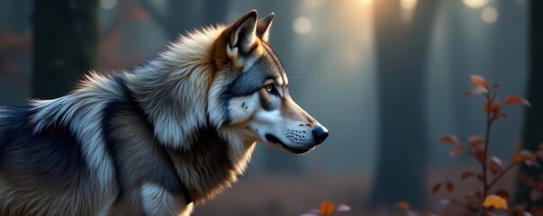 Obraz premium Profile view of lone gray wolf with thick fur, predator, animal, wildlife