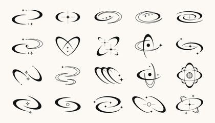 Retro y2k symbols and shapes, futuristic abstract frames and symbols with blinking stars. Vector design elements set.