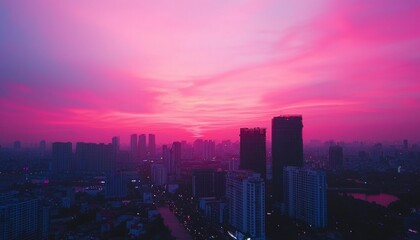 Fototapeta premium Cityscape at sunset, vibrant pink hues