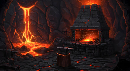 Molten Lair Dwarven Forge Fantasy Blacksmithing Lava Hearth Fire Glowing Embers Cave Interior Illustration