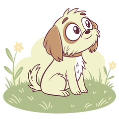 Cartoon Cream Puppy Sitting on Green Grass with Flowers, Big Eyes and Collar