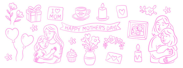 Hand drawn Mother's Day celebration set with mom and child, flowers, gifts, and love elements