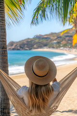 Obraz premium Woman in a straw hat relaxing in a hammock under palm fronds by the ocean, enjoying a tranquil beach setting with turquoise waters and soft sand, evoking tropical serenity and escape. 