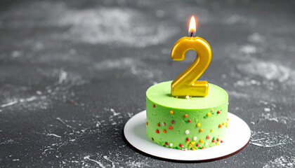 Small birthday cake with burning candle, number two. 2 years old. Second anniversary. Tasty dessert