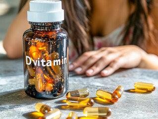 Womens health. A bottle with D vitamin on the table. In the blur there is a woman in the background. Around it are transparent capsules with golden liquid of oil. Dietary supplements.