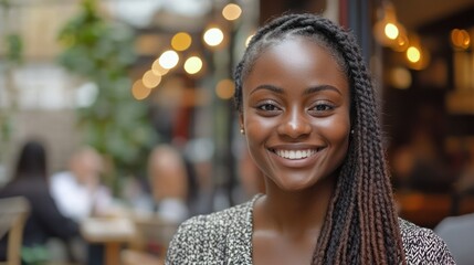 Obraz premium Black young adult smiles warmly, radiating joy, positivity, connection, well-being, and confidence.