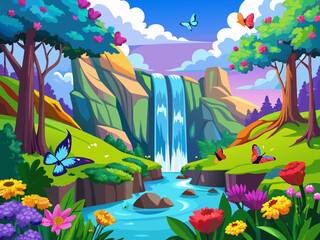Fototapeta premium vector of A beautiful spring landscape with a large waterfall and the play of butterflies on red and blue flowers