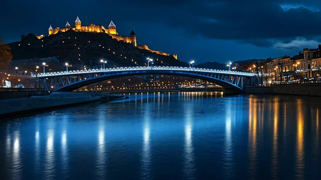 Nighttime Serenity, A Captivating View of Tbilisi's Peace Bridge and Narikala Fortress