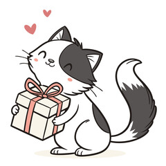 Cartoon Black and White Cat Holding Gift Box with Pink Ribbon and Hearts Above It